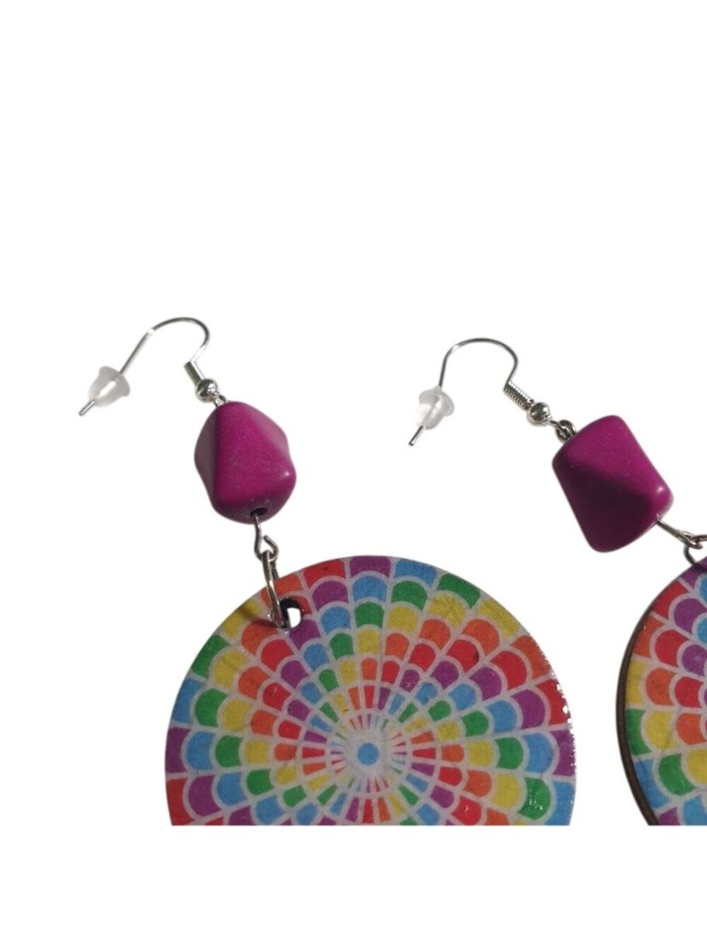 Rainbow Mandala Dangle Earrings Boho Colorful Round Polka Dot Back Purple Lightw - Picture 2 of 6
